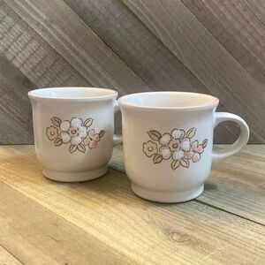 Pair of Vintage Chantilly Fleur de Bois Floral Stoneware Coffee Cups Mugs Japan